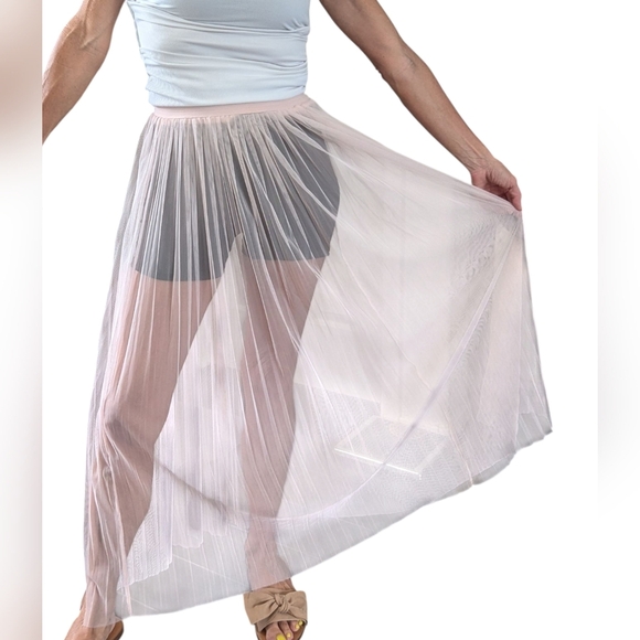 H&M Limited Edition SHEER Mesh Pleated Long Pastel Pink Festival Skirt Size 4 - Picture 8 of 15